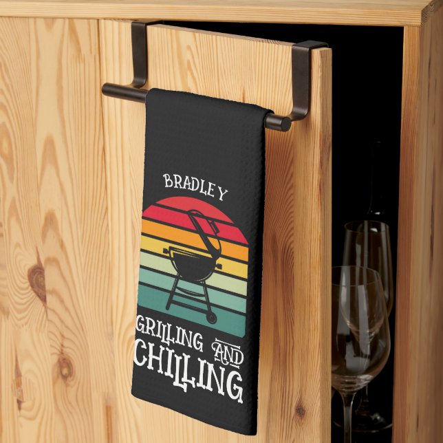 Grilling and Chilling Personalised Tea Towel (Thirds Fold)