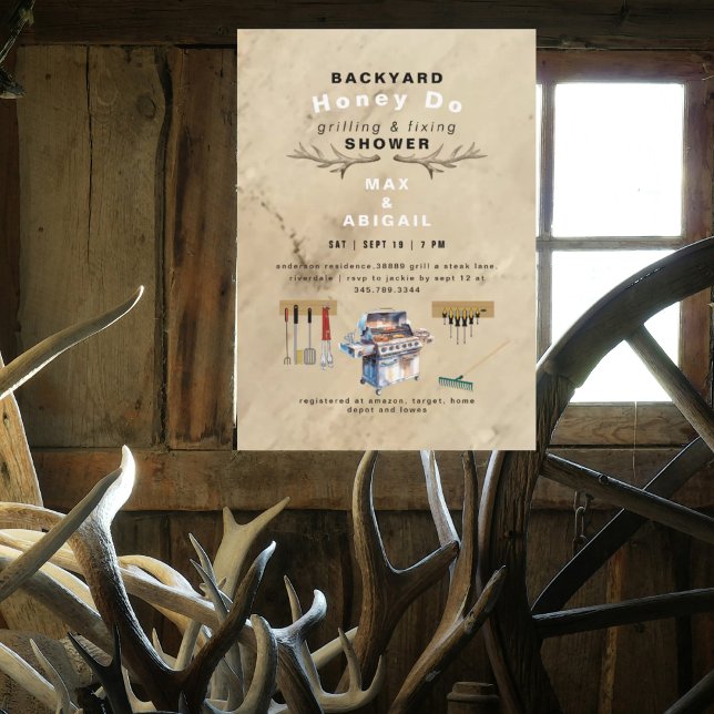 Grilling and Fixing Rustic Antlers Couples Shower  Invitation (Creator Uploaded)