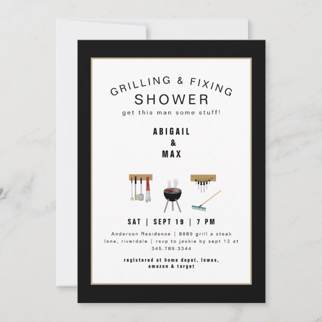 Grilling & Fixing Couples Black Shower Invitation (Front)