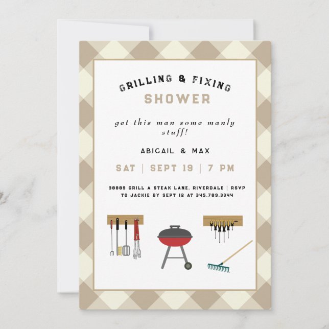 Grilling & Fixing Couples Wedding Shower Tan Invit Invitation (Front)