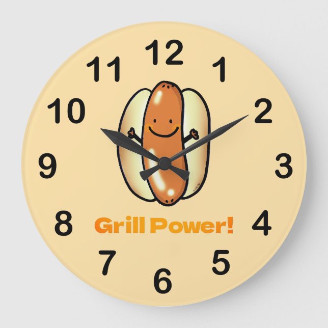 Grilling Hot Dog Cartoon Large Clock (Front)