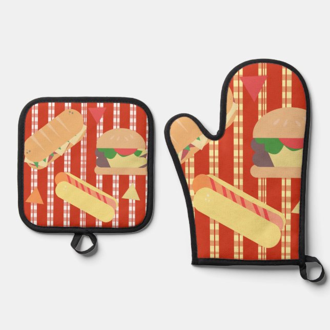 Grilling Party Hamburger Hotdog Sub Birthday Party Oven Mitt & Pot Holder Set (Front)
