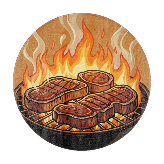 Grilling Steaks BBQ Flames Cutting Board (Front)