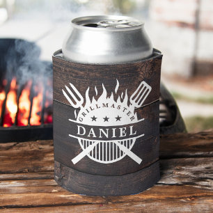 Grillmaster BBQ Rustic Dark Wood Print  Can Cooler