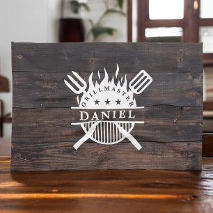 Grillmaster BBQ Rustic Dark Wood Print  Tea Towel