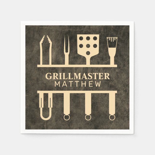 Grillmaster Faux Leather Name Classic BBQ Tools Napkin (Front)