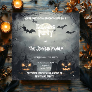Grim Halloween Party with Jack-o'-Lanterns & Bats Invitation