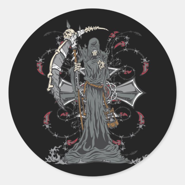 Grim Reaper Awaits Classic Round Sticker (Front)