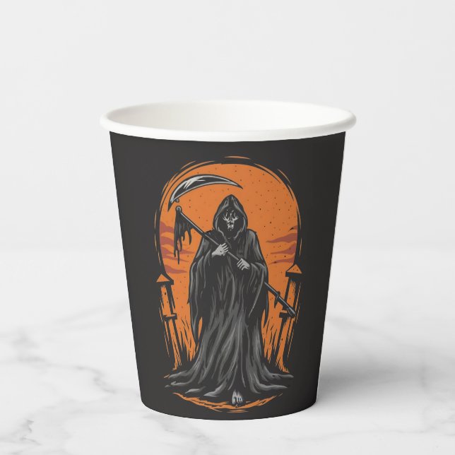 Grim Reaper Cartoon in Sunset Graveyard Paper Cups (Back)