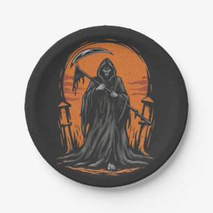Grim Reaper Cartoon in Sunset Graveyard Paper Plate