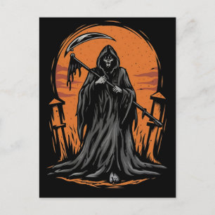 Grim Reaper Cartoon in Sunset Graveyard Postcard