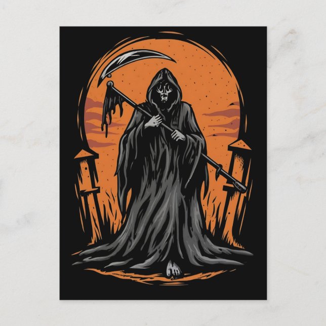 Grim Reaper Cartoon in Sunset Graveyard Postcard (Front)