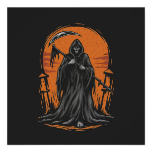 Grim Reaper Cartoon in Sunset Graveyard Poster