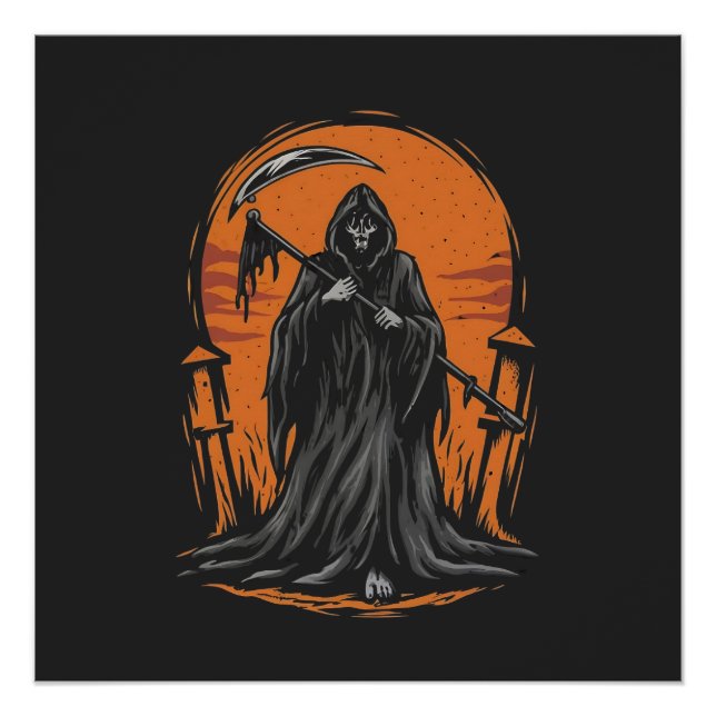 Grim Reaper Cartoon in Sunset Graveyard Poster (Front)