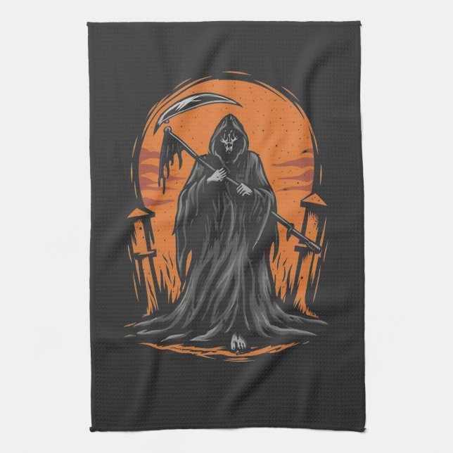 Grim Reaper Cartoon in Sunset Graveyard Tea Towel (Vertical)