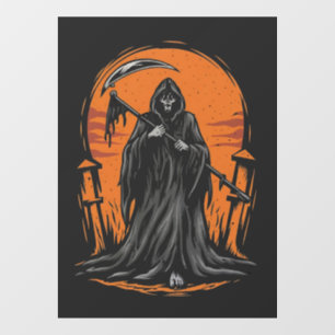 Grim Reaper Cartoon in Sunset Graveyard Window Cling