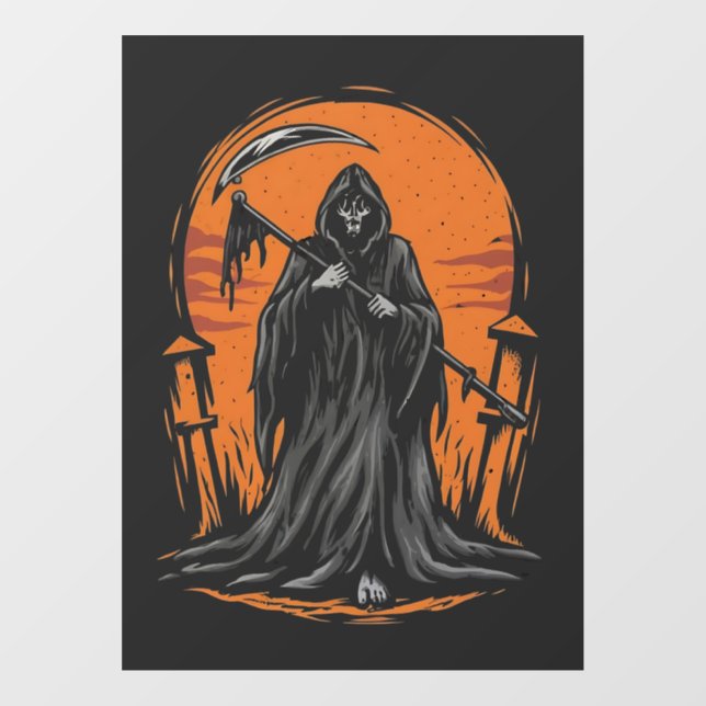 Grim Reaper Cartoon in Sunset Graveyard Window Cling (Sheet)