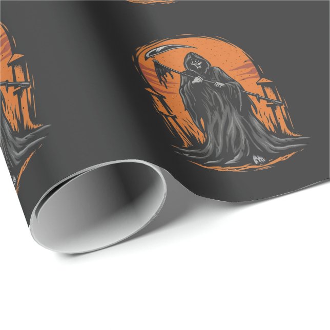 Grim Reaper Cartoon in Sunset Graveyard Wrapping Paper (Roll Corner)