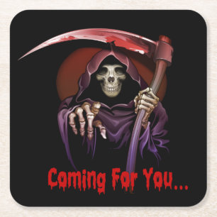 Grim Reaper Coming For You Halloween Square Paper Coaster