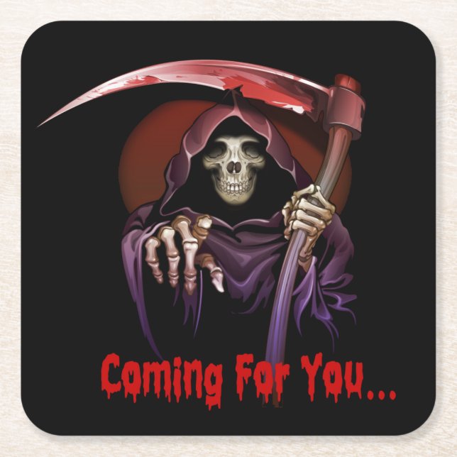 Grim Reaper Coming For You Halloween Square Paper Coaster (Front)