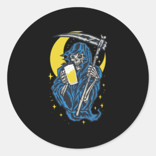 Grim Reaper Drinking Beer Classic Round Sticker