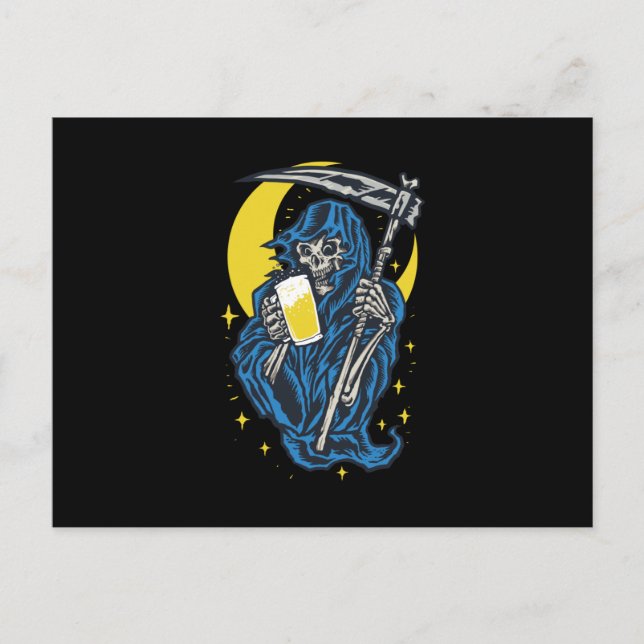 Grim Reaper Drinking Beer Postcard (Front)