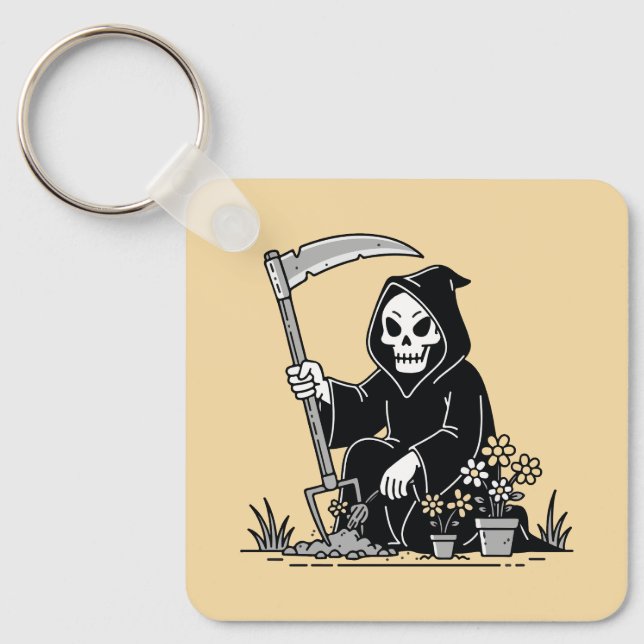 Grim Reaper Gardening Flowers Key Ring (Front)