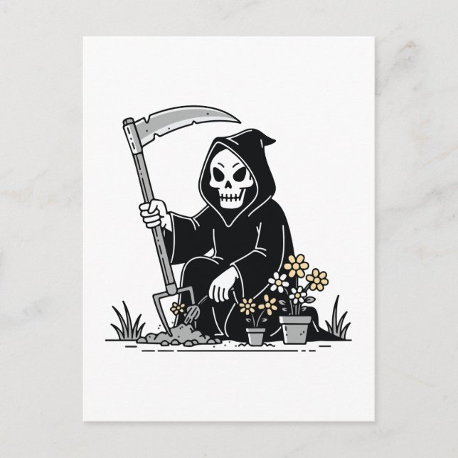 Grim Reaper Gardening Flowers Postcard (Front)