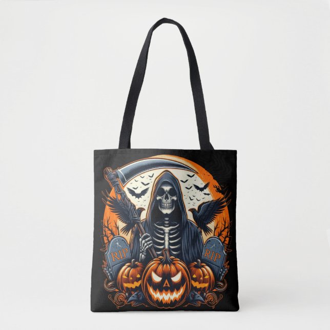 Grim Reaper Graveyard Spooky Pumpkins Halloween Tote Bag (Front)