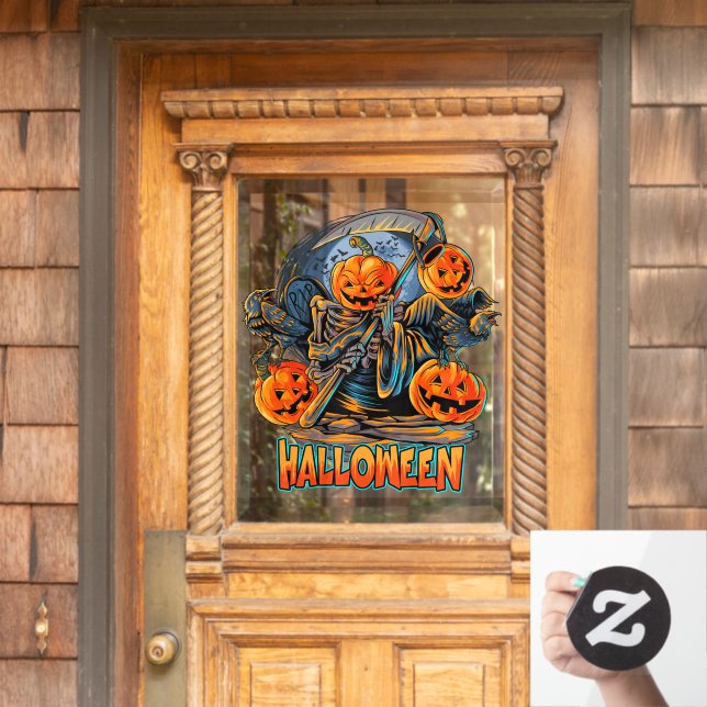 Grim Reaper Halloween Pumpkin Head  Window Cling (Home Door)