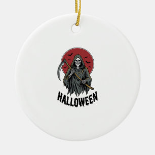 Grim Reaper Halloween Vintage Engraving Art_1 Ceramic Tree Decoration