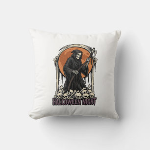 Grim Reaper Halloween Vintage Engraving White Shir Cushion