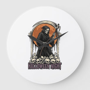 Grim Reaper Halloween Vintage Engraving White Shir Large Clock