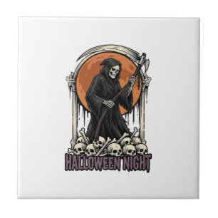 Grim Reaper Halloween Vintage Engraving White Shir Tile