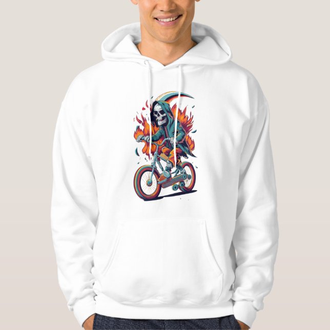 Grim Reaper On Flaming Motorcycle Bike Hoodie (Front)