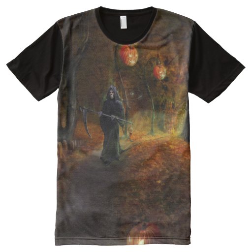 Image of Grim Reaper on jack-o'-lantern path All-over Print T-shirt