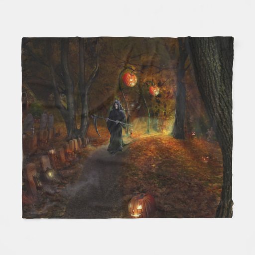 Image of Grim Reaper on jack-o'-lantern path Fleece Blanket