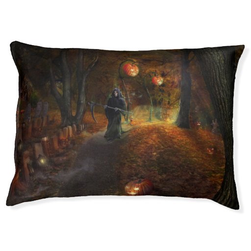 Image of Grim Reaper on jack-o'-lantern path Pet Bed