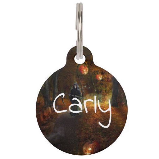 Image of Grim Reaper on jack-o'-lantern path Pet Id Tag