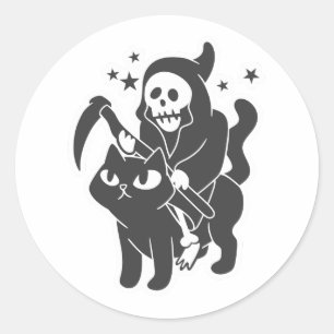 Grim reaper riding a cat - Choose background colou Classic Round Sticker