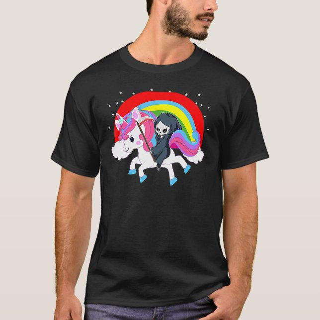 Grim Reaper Riding A Unicorn Rainbow Death Angel H T-Shirt (Front)
