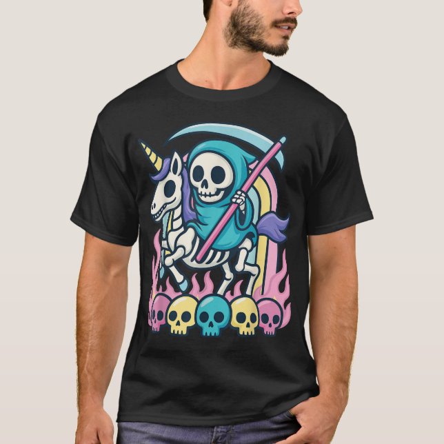 Grim Reaper Riding Skeleton Unicorn Halloween  T-Shirt (Front)