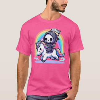 Grim Reaper Riding Unicorn Funny Rainbow Heavy Met T-Shirt