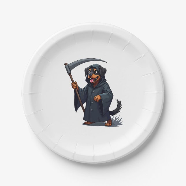 Grim Reaper Rottweiler Dog Paper Plate (Front)