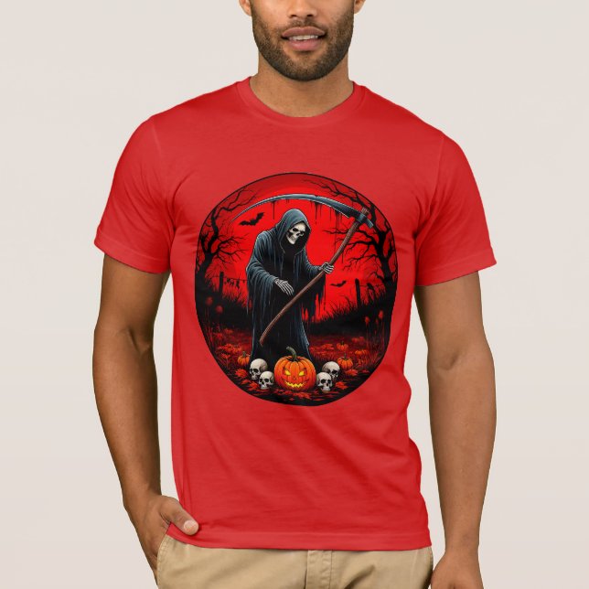 Grim Reaper Scene with Red Background T-Shirt (Front)