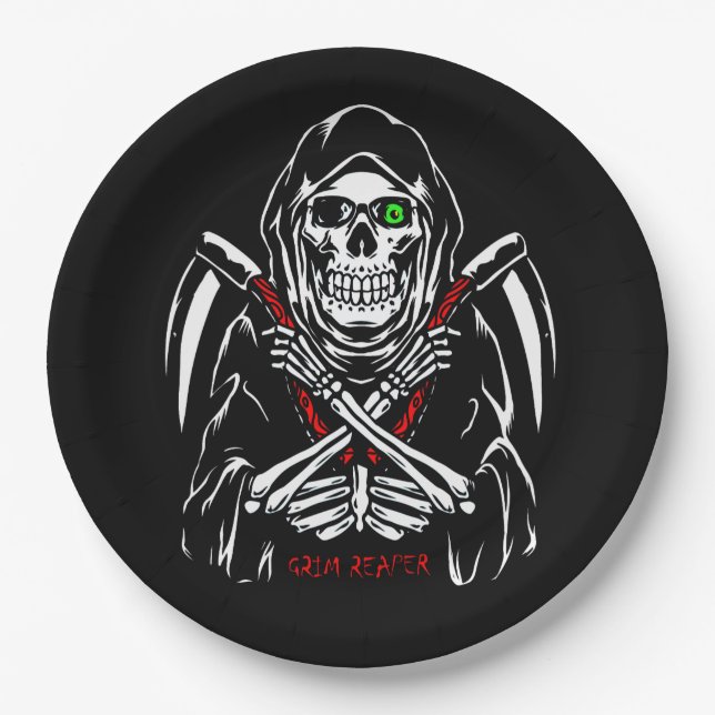Grim Reaper Scythe Death Skeleton Bones Halloween  Paper Plate (Front)