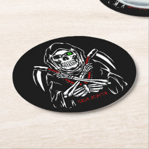 Grim Reaper Scythe Death Skeleton Bones Halloween Round Paper Coaster