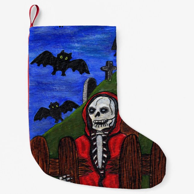 Grim Reaper Skeleton Bats Cemetery Moon Halloween Small Christmas Stocking (Front)