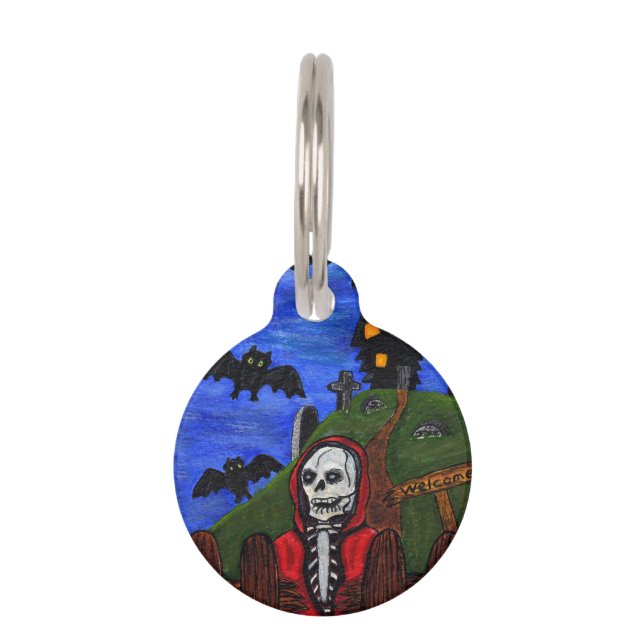 Grim Reaper Skeleton Haunted House Tombstones Pet Tag (Front)