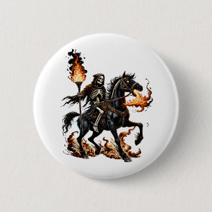 Grim Reaper Skeleton Riding Horse Flames 6 Cm Round Badge